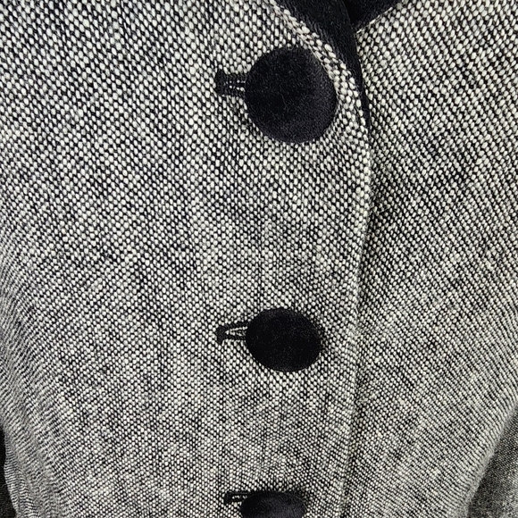 Vintage 80s Wool Preppy Tweed Blazer Velvet Trims Black White Academia Size 16 - Picture 5 of 15